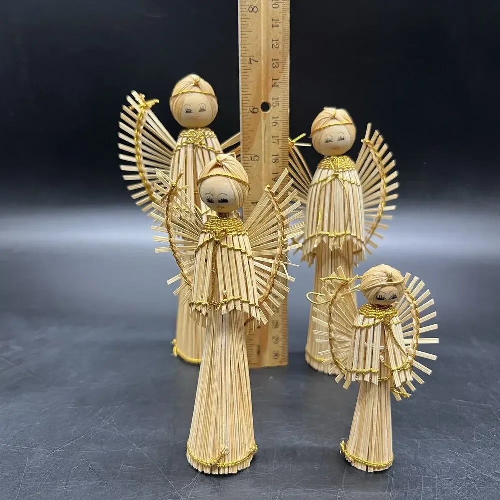 Angel Figurine Christmas Ornaments Wood Vintage Handmade Straw Sticks Set Of 4